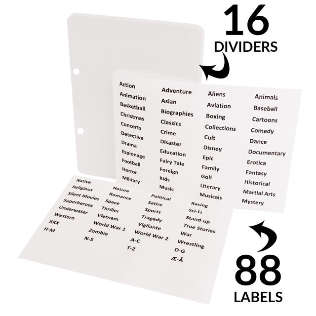 DVD Dividers with Binder Holes and Labels with Pre-printed Film Genres