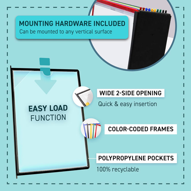 Easy Load Wall Mount Reference & Display System – 10 Assorted Pockets, Letter-Size