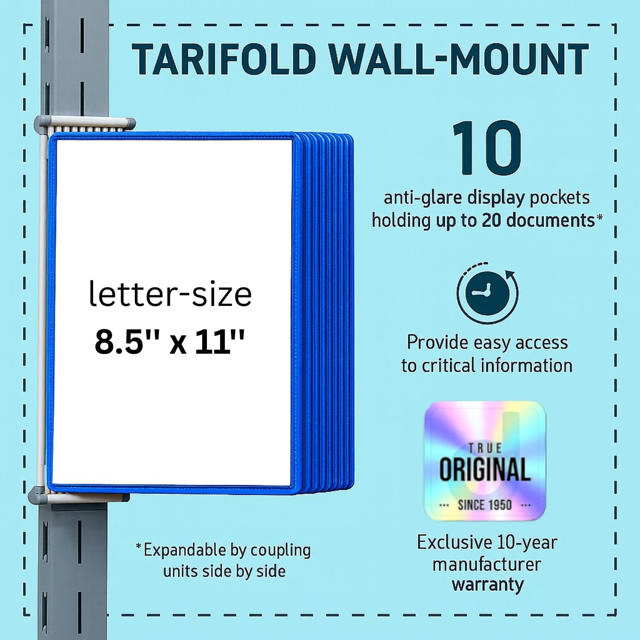 Tarifold Wall Mount Reference & Display System – 10 Blue Pockets, Letter-Size