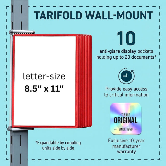 Tarifold Wall Mount Reference & Display System – 10 Red Pockets, Letter-Size